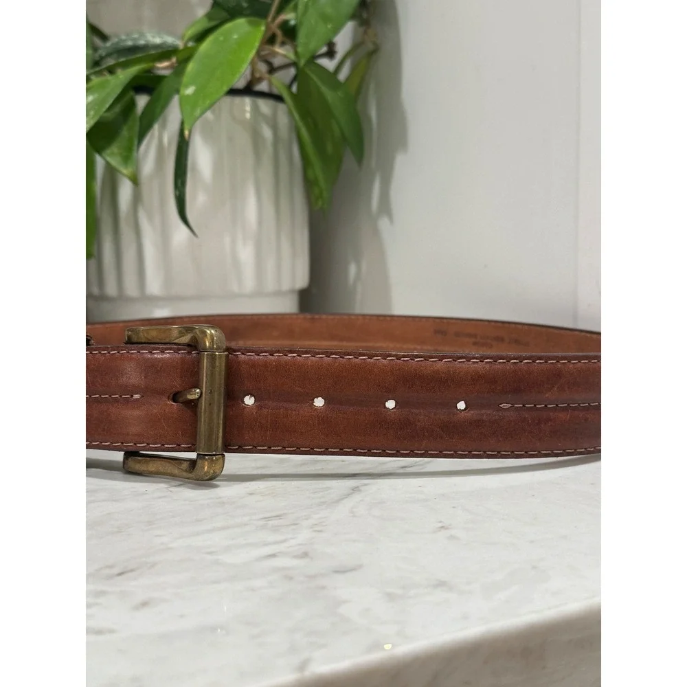 Genuine Leather Belt Mens 34 Brown Double Stitched Brass Buckle Rugged Western